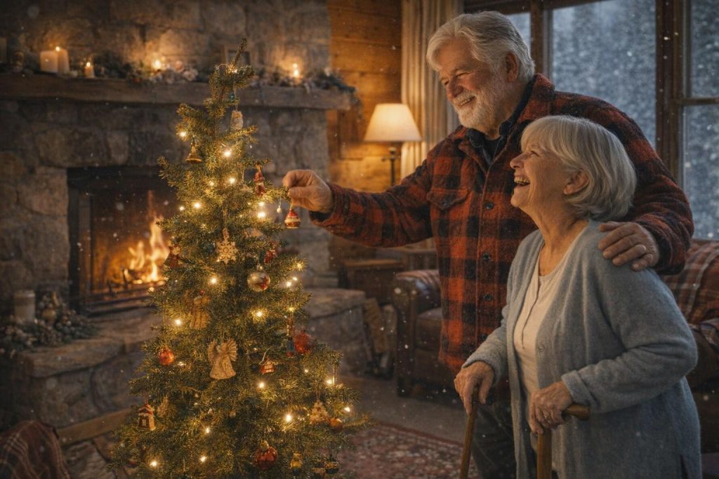 Older couple decorating a crooked Christmas tree with lights by a fireplace in a cozy cabin