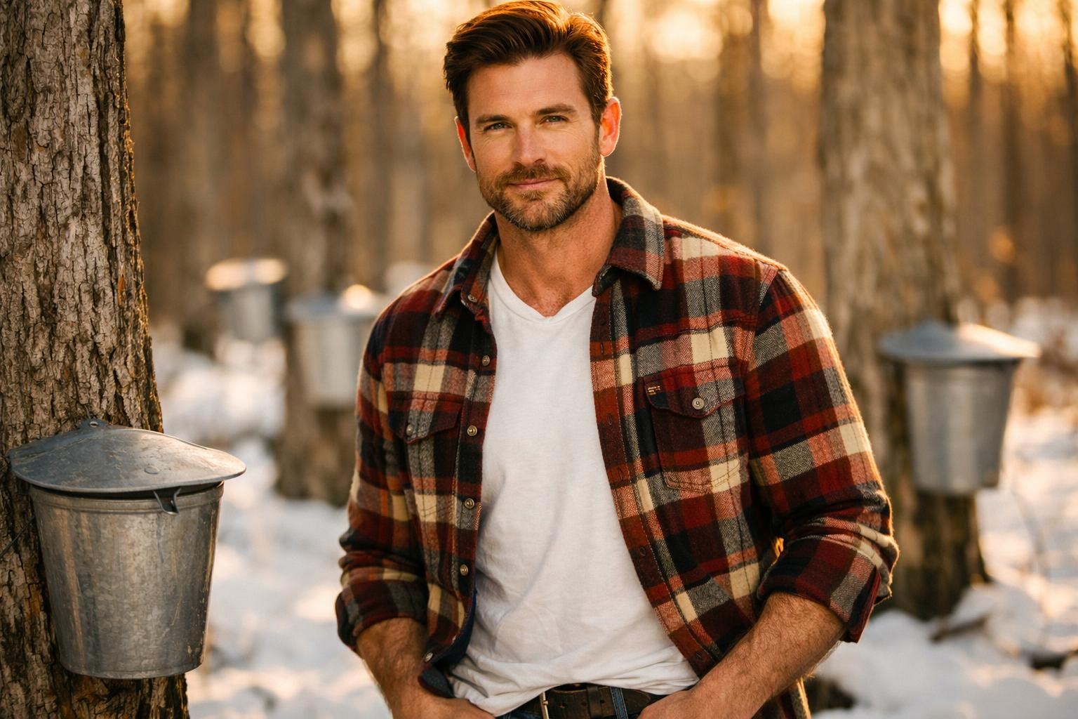 Handsome maple farmer with dark auburn hair and a trimmed beard standing in a snowy Vermont sugarbush at golden hour