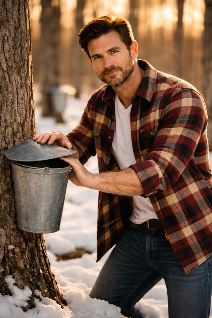 Handsome man in a flannel shirt over a white t-shirt checking maple sap buckets in the snow