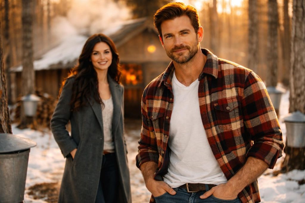 Lawyer in a city coat and the maple farmer standing outside a steaming sugarhouse