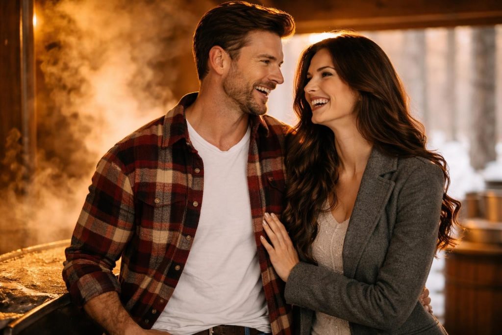 Couple laughing together inside a steamy sugarhouse while maple syrup boils