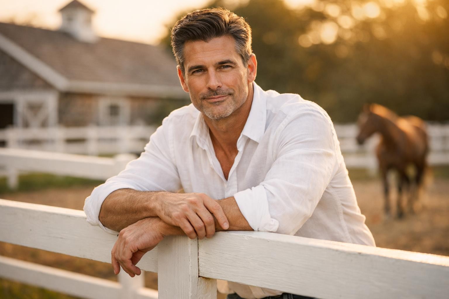 Handsome hedge fund manager with dark hair and gray temples standing by a white fence at a Hamptons horse farm at golden hour