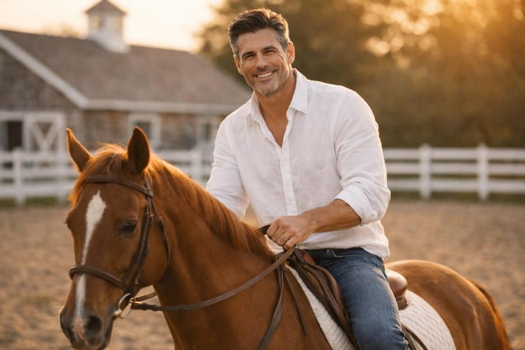 Handsome man in a white linen shirt riding a chestnut horse in an arena