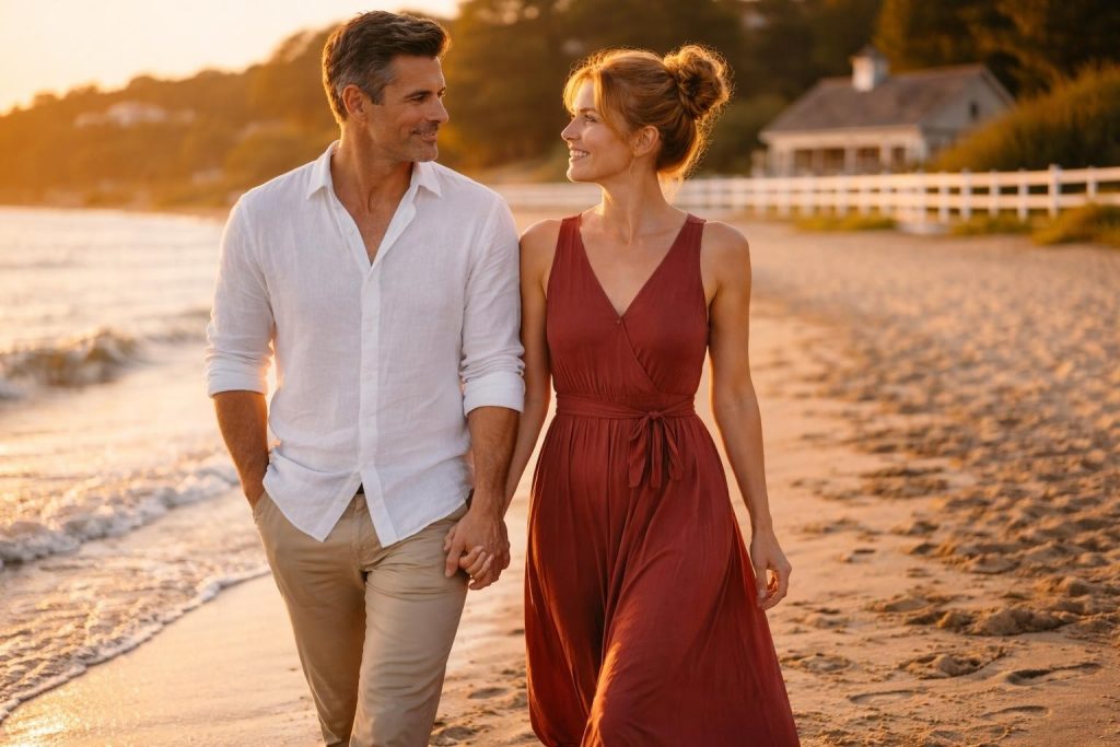 Couple walking together along a beach near the Hamptons at sunset holding hands
