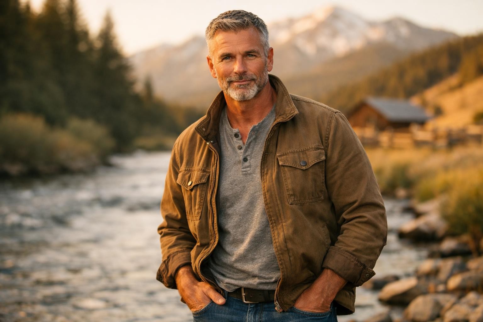 Handsome former Navy SEAL with gray stubble standing by a river on an Idaho ranch at golden hour