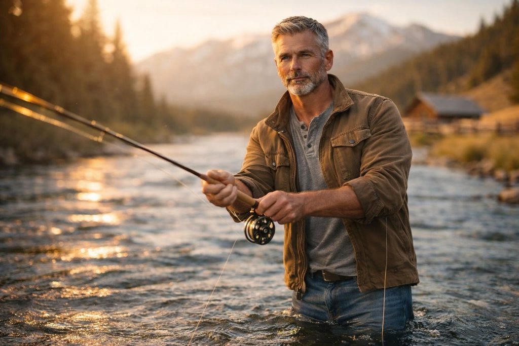 Handsome fly-fishing guide casting a line in a mountain river