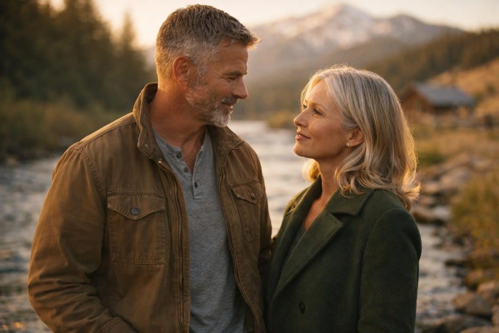 Widow and the ranch owner standing on a riverbank at sunset