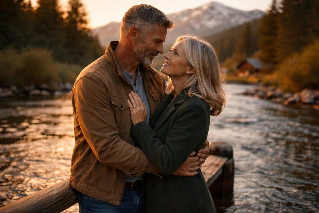 Couple embracing on a wooden dock by a river in the Idaho mountains at dusk