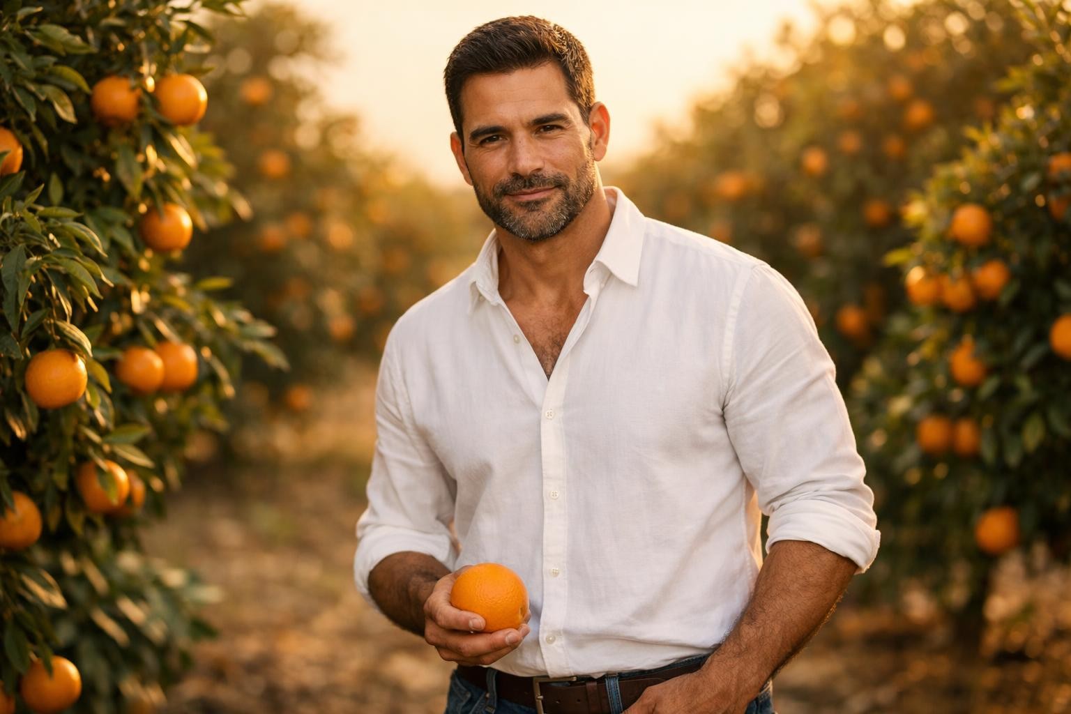 Handsome Latino citrus grower with dark hair and a short beard standing in a Florida orange grove at golden hour