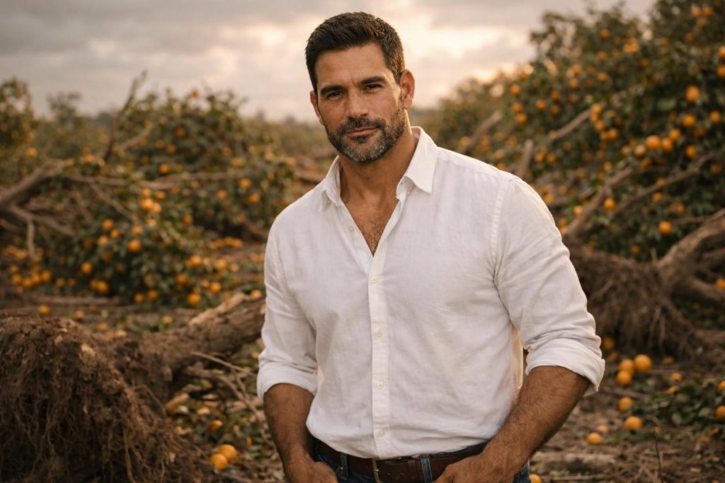 Handsome grower in a white shirt standing among fallen orange trees after a hurricane