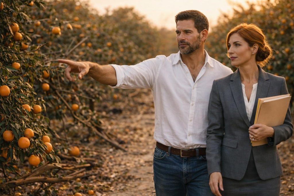 Bank loan officer and the grower walking through the damaged orange grove