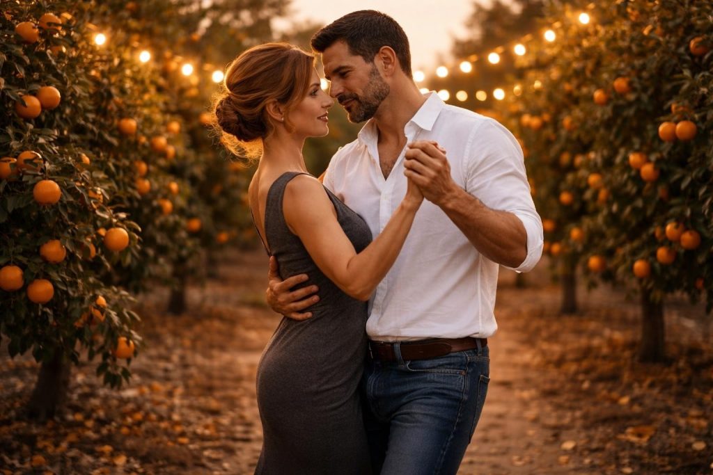 Couple dancing barefoot under string lights between rows of orange trees at dusk
