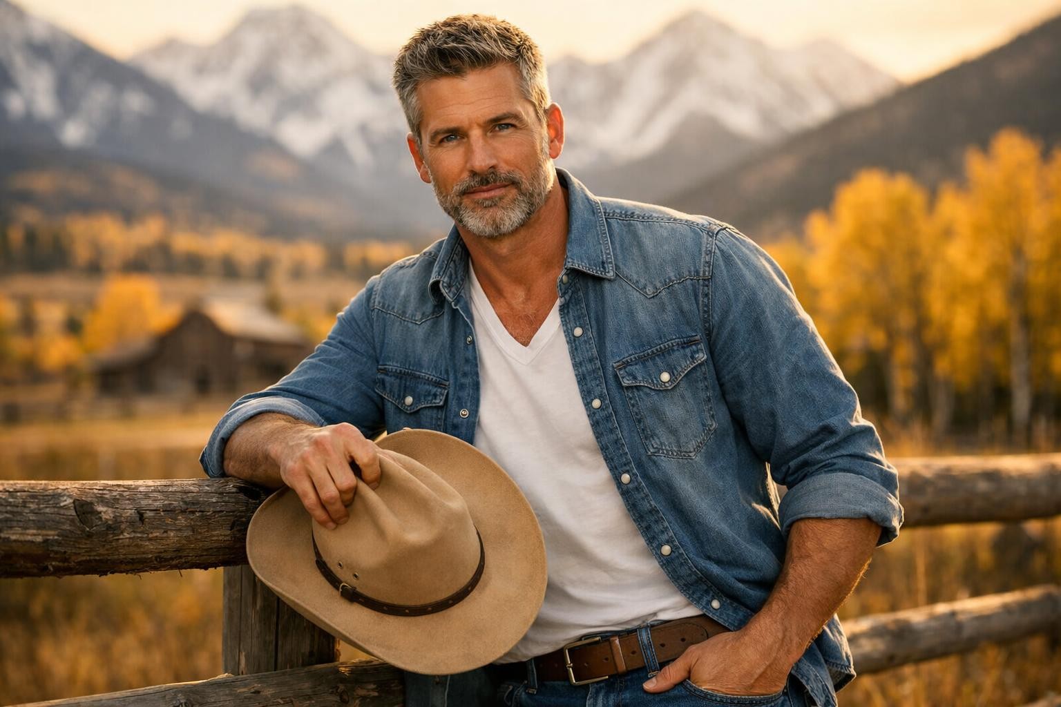 Handsome rancher with salt-and-pepper hair leaning on a wooden fence on a Montana ranch at golden hour