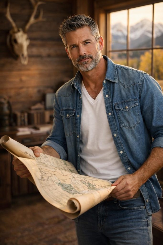 Handsome man in a denim shirt standing in a wood-paneled office holding a ranch map