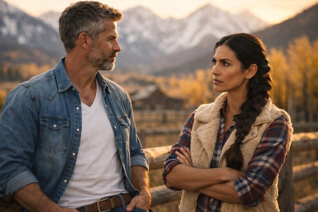 Ranch manager confronting the new owner beside the corral at sunset