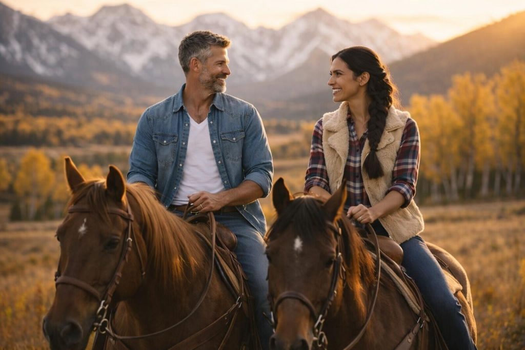 Couple riding horses side by side across a Montana valley at golden hour
