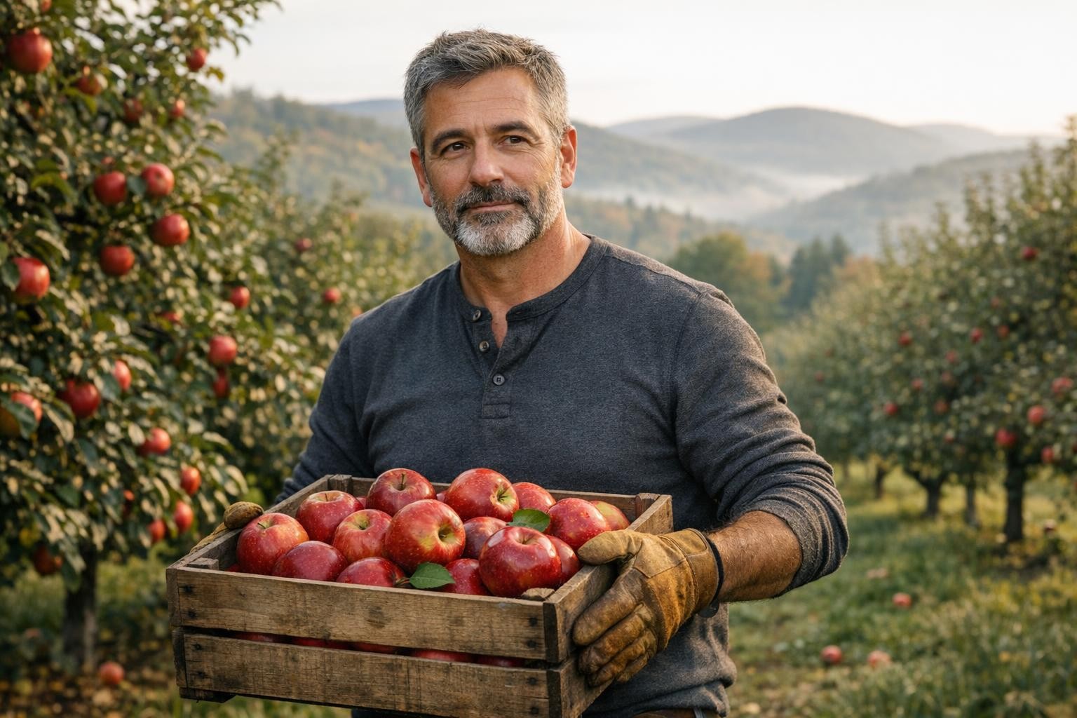 Man holding a crate of red apples in a Vermont orchard in autumn
