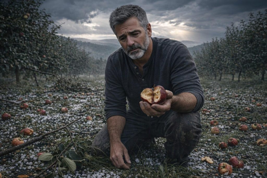Apple orchard destroyed by a hailstorm, with a farmer kneeling among damaged apples