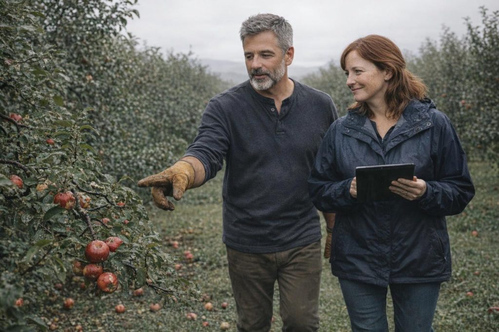 Crop insurance adjuster inspecting hail-damaged apple trees with the orchard owner