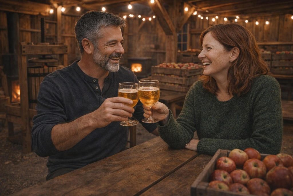 Couple toasting with apple cider in a rustic barn by a wood stove