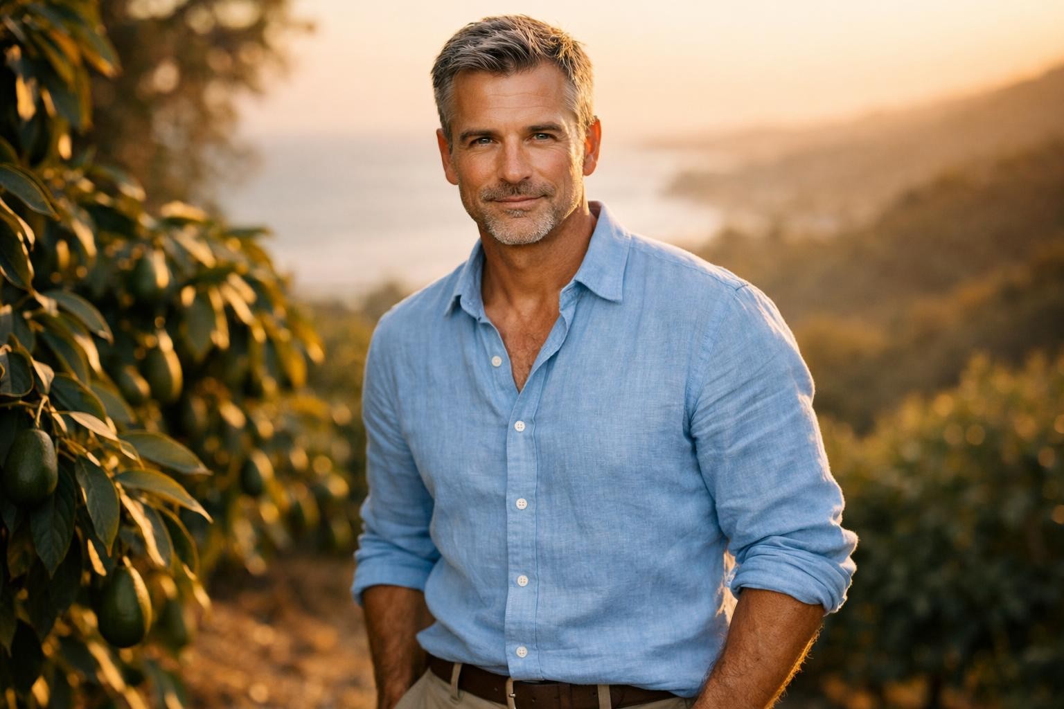 Handsome former surgeon with salt-and-pepper hair standing in an avocado grove in California at golden hour