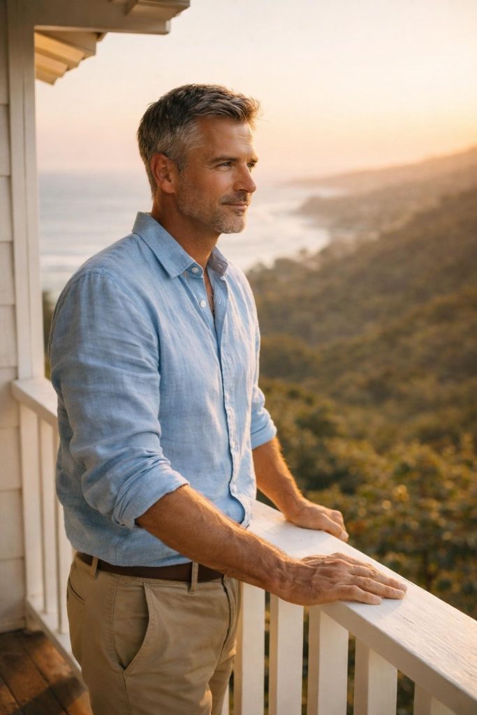 Handsome man in a linen shirt standing on the porch of a hillside ranch house