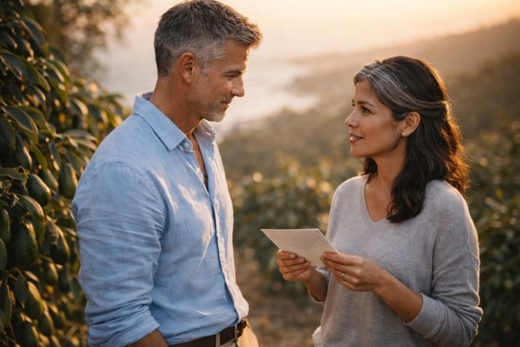Nurse and former surgeon talking among avocado trees on a California hillside