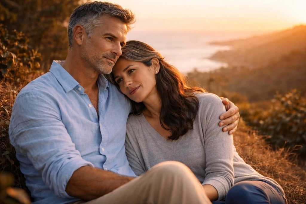 Couple watching the sunset over the Pacific from a hillside avocado ranch