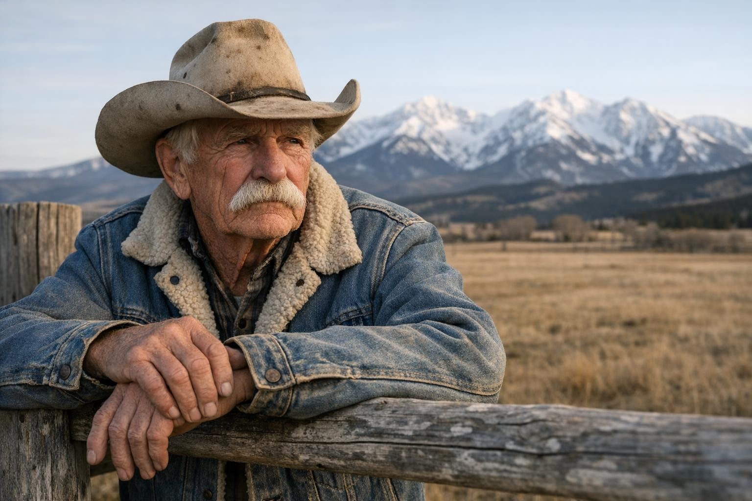 Older rancher leaning on an empty corral fence with the Montana mountains behind him