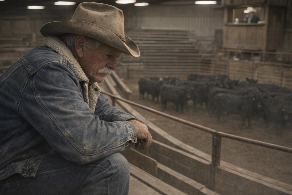 Rancher sitting alone in the stands of a cattle auction ring