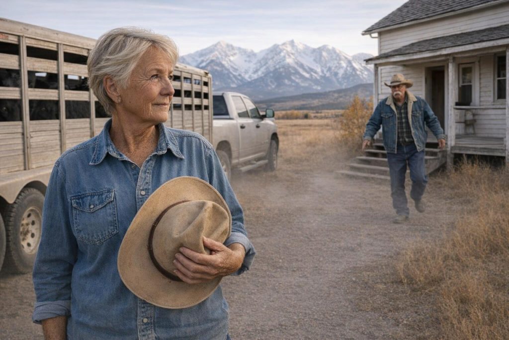 Woman rancher with a stock trailer full of black heifers arriving at a Montana ranch