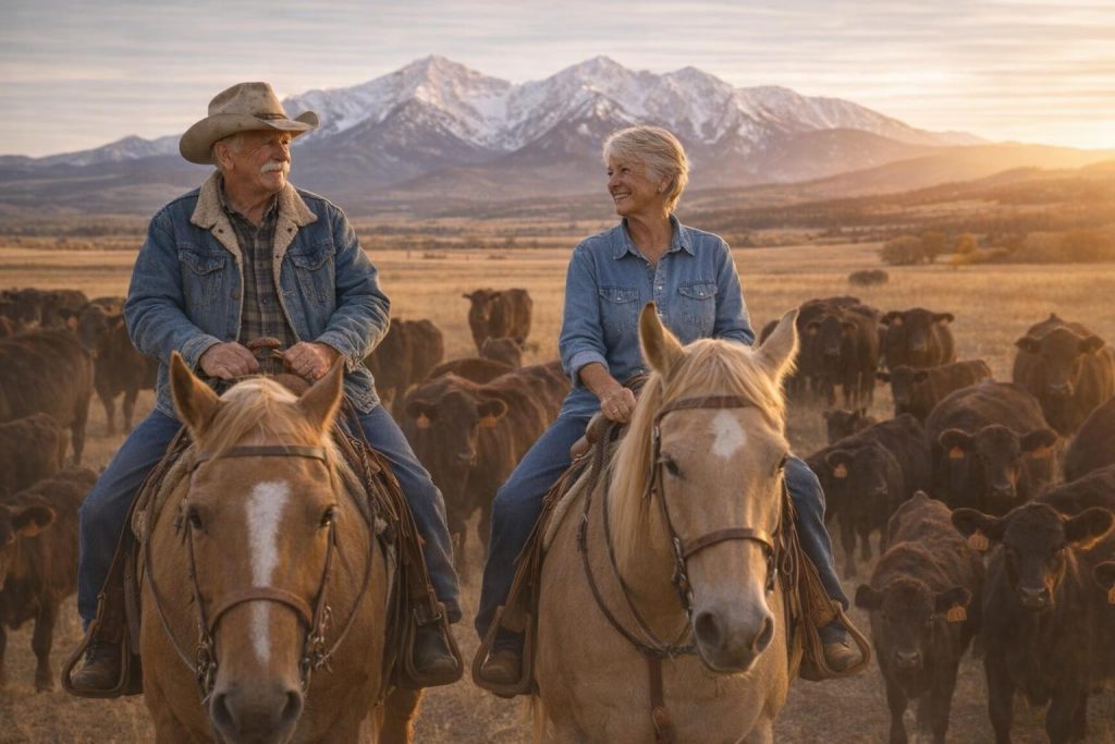 Older couple riding horses together among black Angus cattle at golden hour