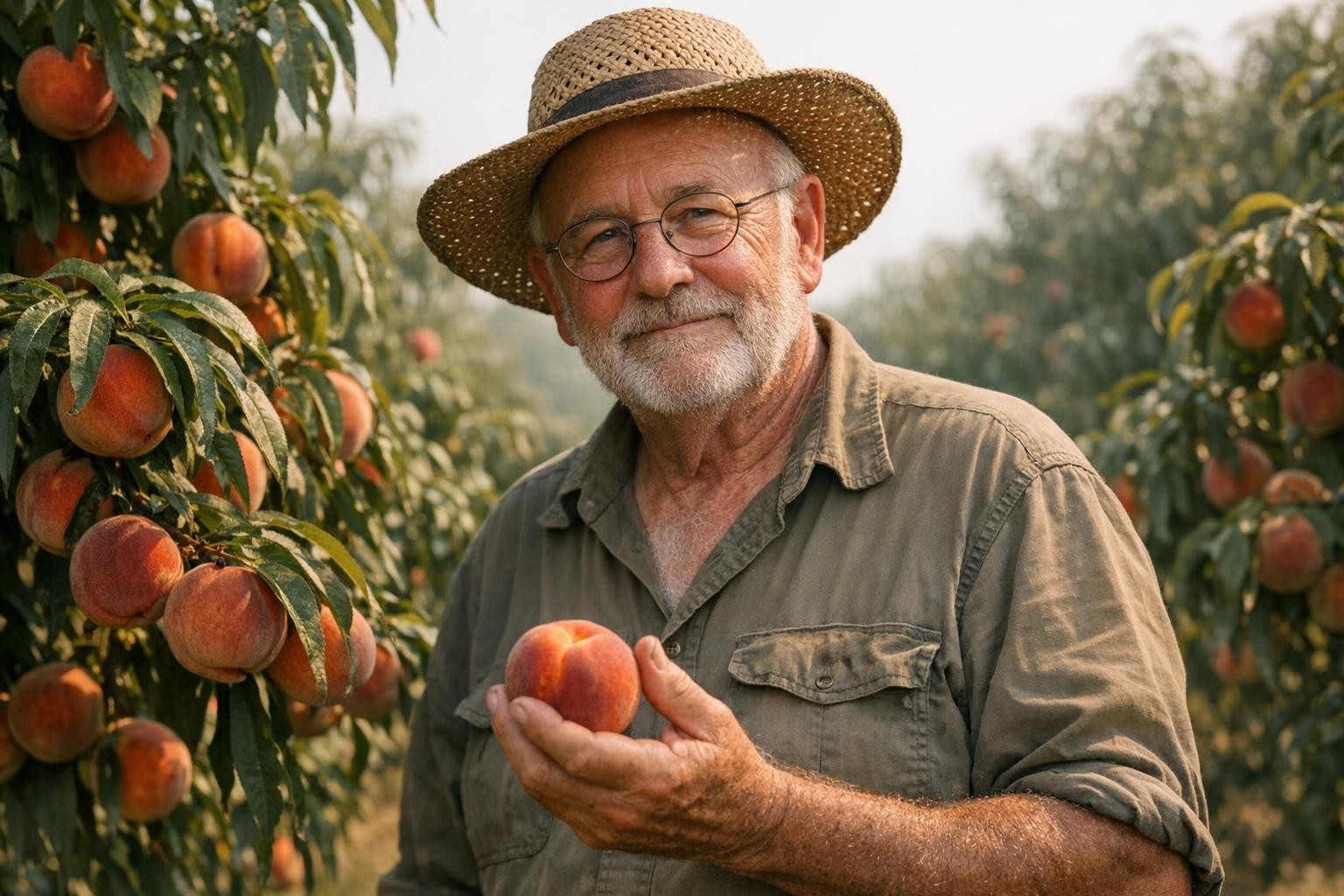 Older peach farmer in a straw hat standing among ripe peach trees in Georgia
