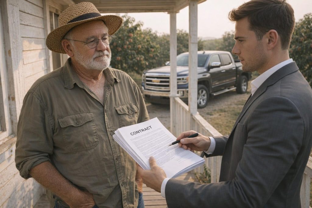 Developer in a suit handing a contract to a peach farmer on his porch