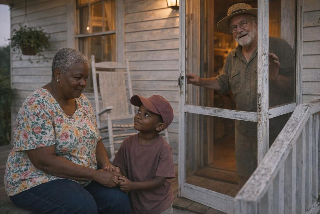 Grandmother holding her grandson's hand at the screen door of a farmhouse