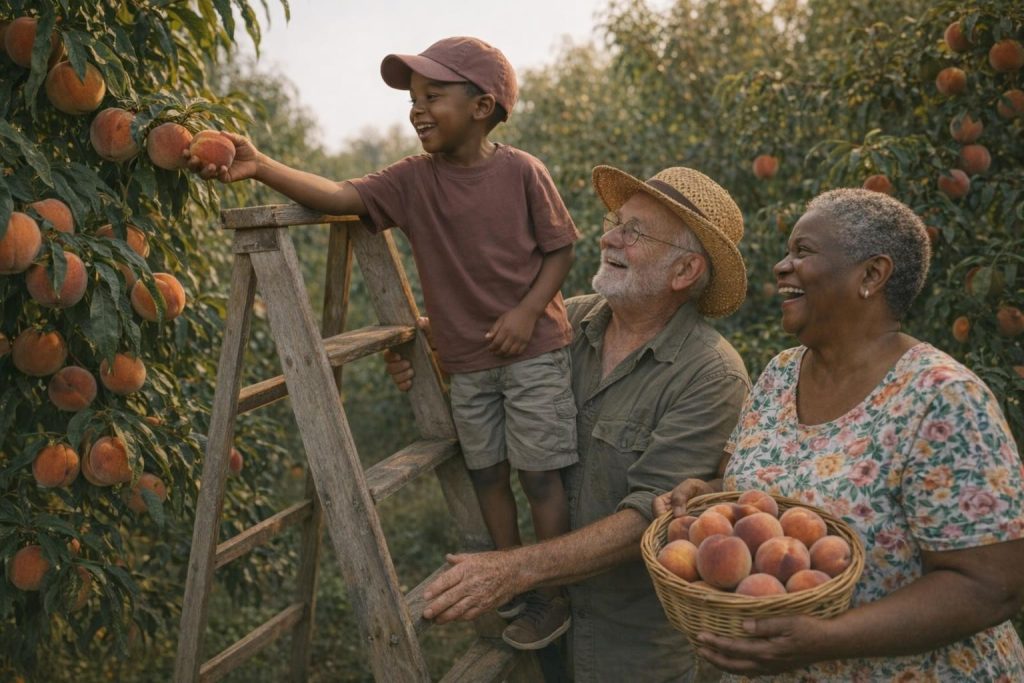 Farmer teaching a young boy to pick peaches from a ladder while his grandmother holds a basket