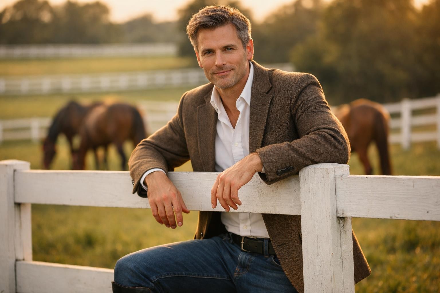 Handsome horse breeder with light brown hair and blue eyes standing by a white fence on a Kentucky horse farm