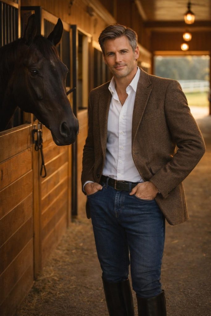 Handsome man in a tweed jacket standing in the aisle of an elegant horse barn