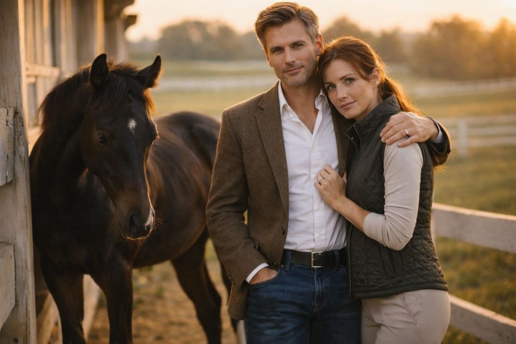 Horse trainer and farm owner standing together beside a stall at dawn