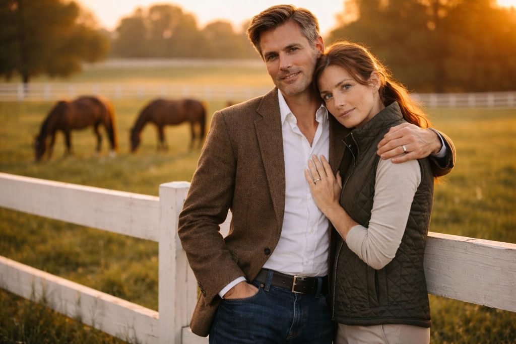 Couple embracing by a white fence with thoroughbreds grazing in a green pasture at sunset