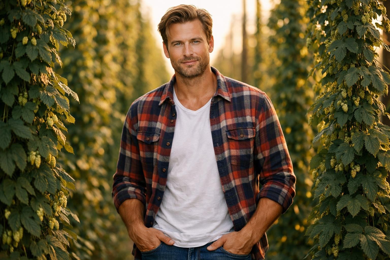 Handsome hop farmer with light brown hair and stubble standing between tall hop vines in Washington at golden hour