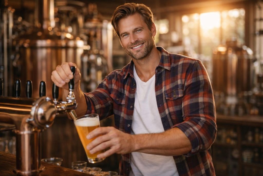 Handsome brewer in a flannel shirt over a white t-shirt standing in a rustic taproom