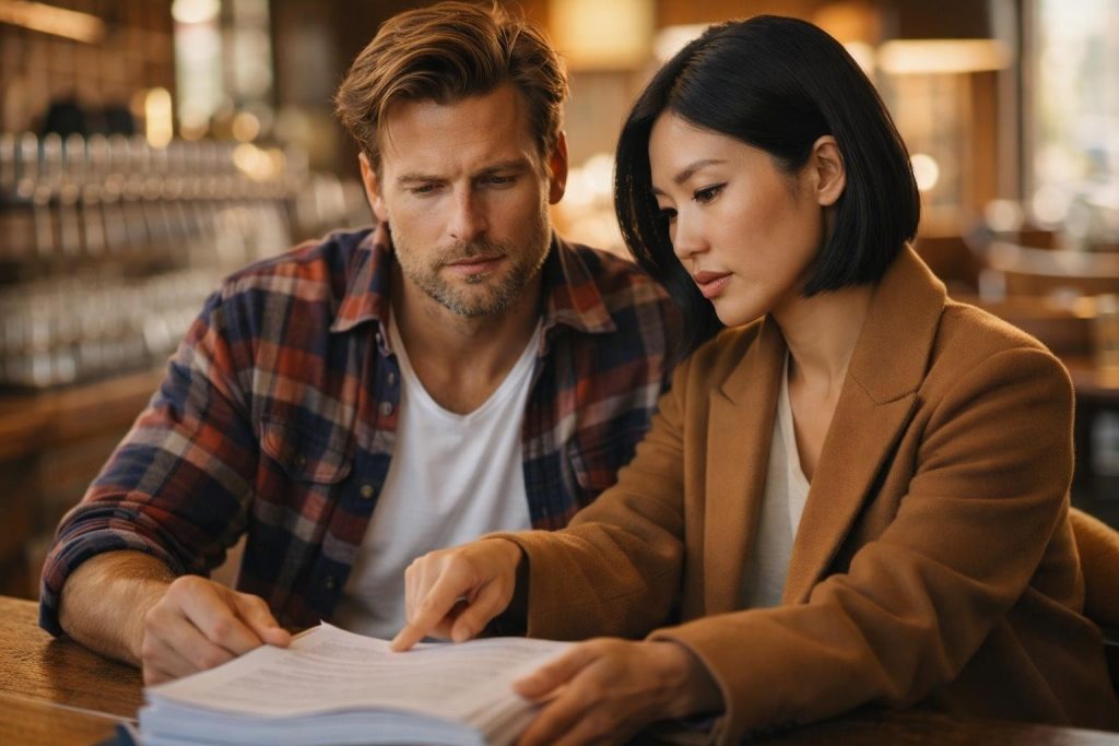 Investor and hop farmer reading a contract at a bar in a brewery taproom