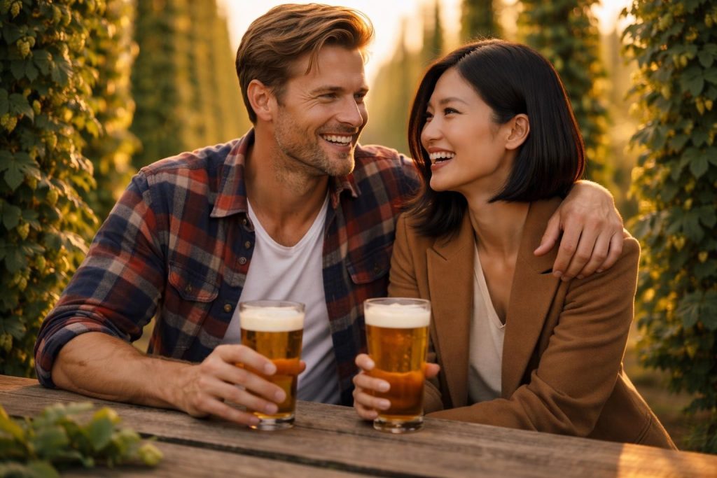 Couple sharing a beer at a picnic table between hop fields at sunset