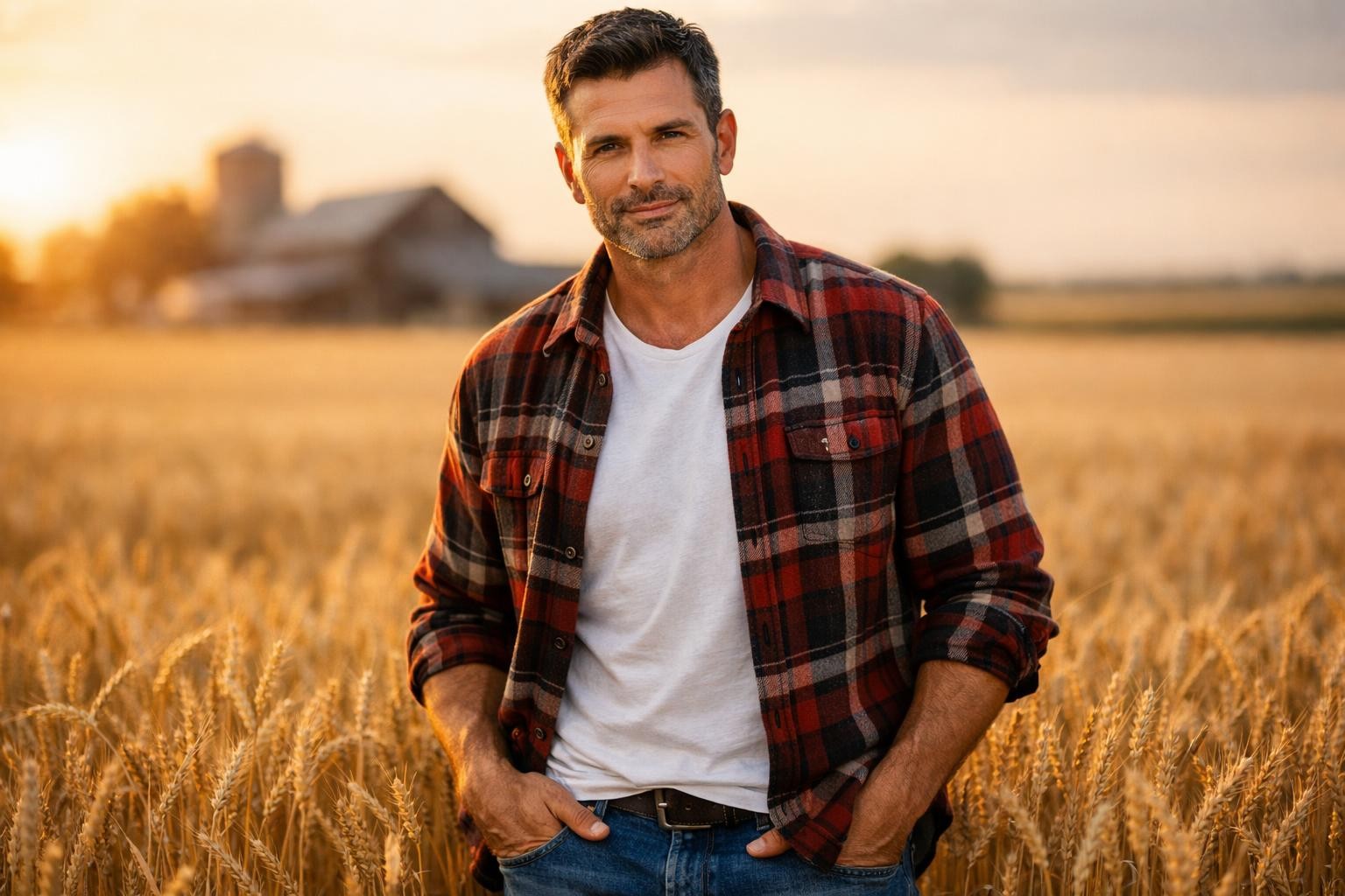 Handsome wheat farmer and former Army Ranger with short dark hair and stubble standing in a golden Kansas wheat field