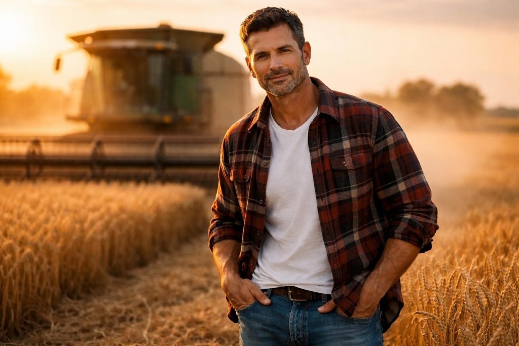 Handsome farmer in a flannel shirt over a white t-shirt standing beside a combine at harvest