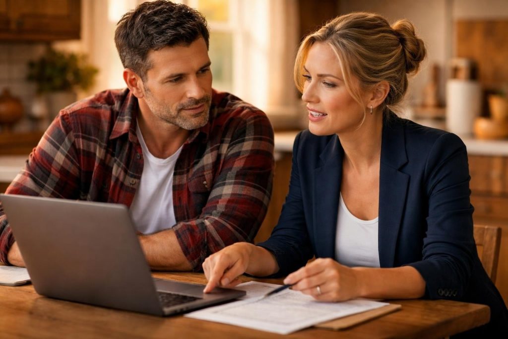 IRS auditor and farmer reviewing papers at a farmhouse kitchen table