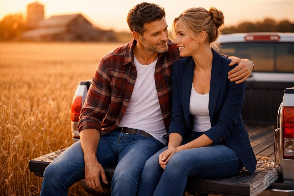 Couple sitting on the back of a pickup truck in a wheat field at sunset