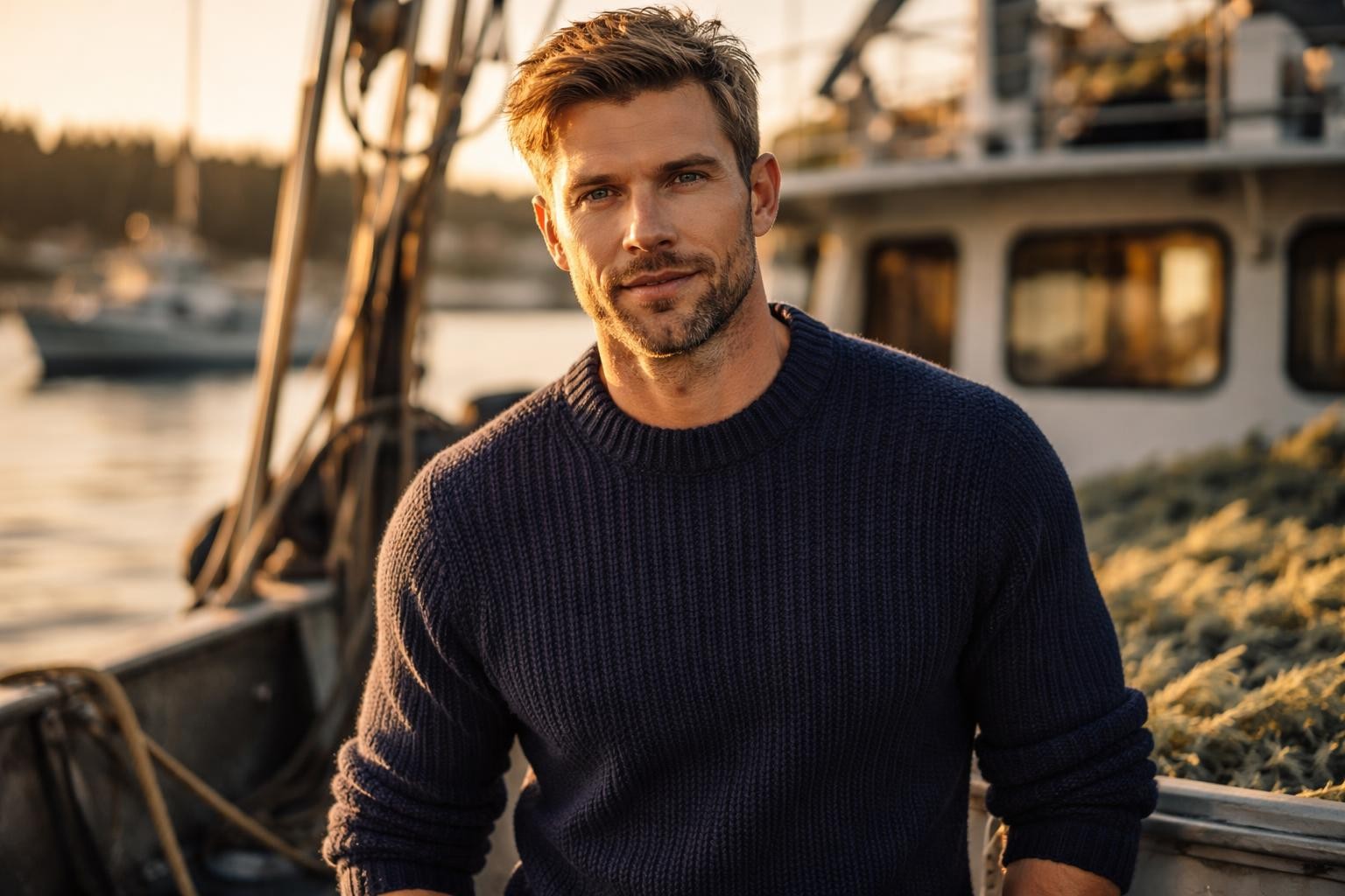 Handsome former trader with dark blond hair and a short beard standing on a fishing boat in Alaska at golden hour