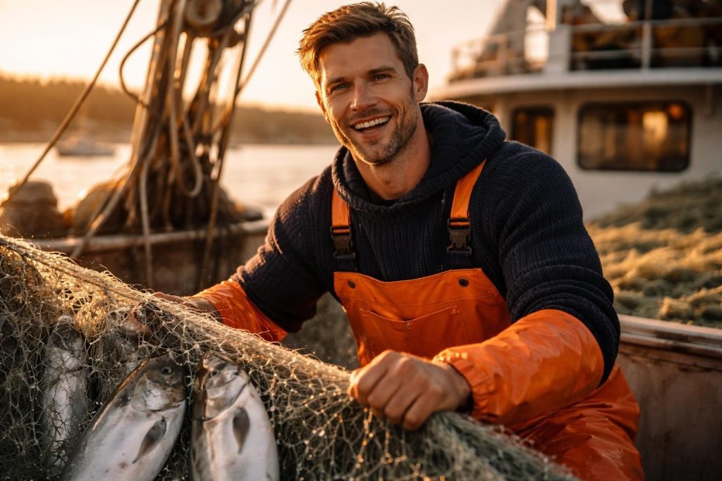 Fisherman in orange rain gear hauling a net full of salmon on the deck of a small boat